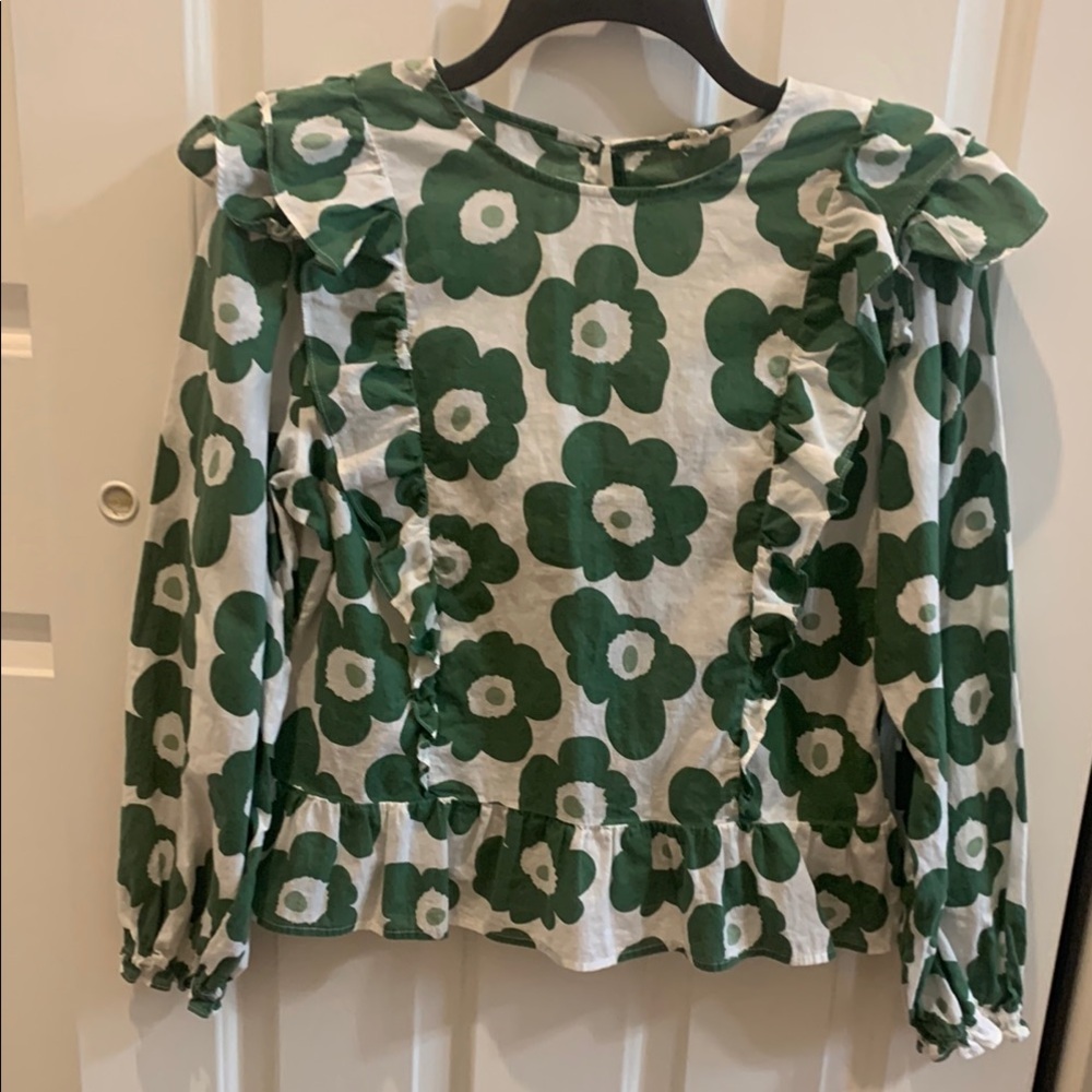 JODIFL Green and White Ruffled Blouse
